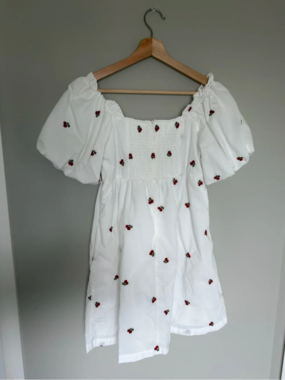Altar’d State White Cherry Poplin Mini Dress Puff Sleeve Size S Cottagecore - Picture 7 of 9